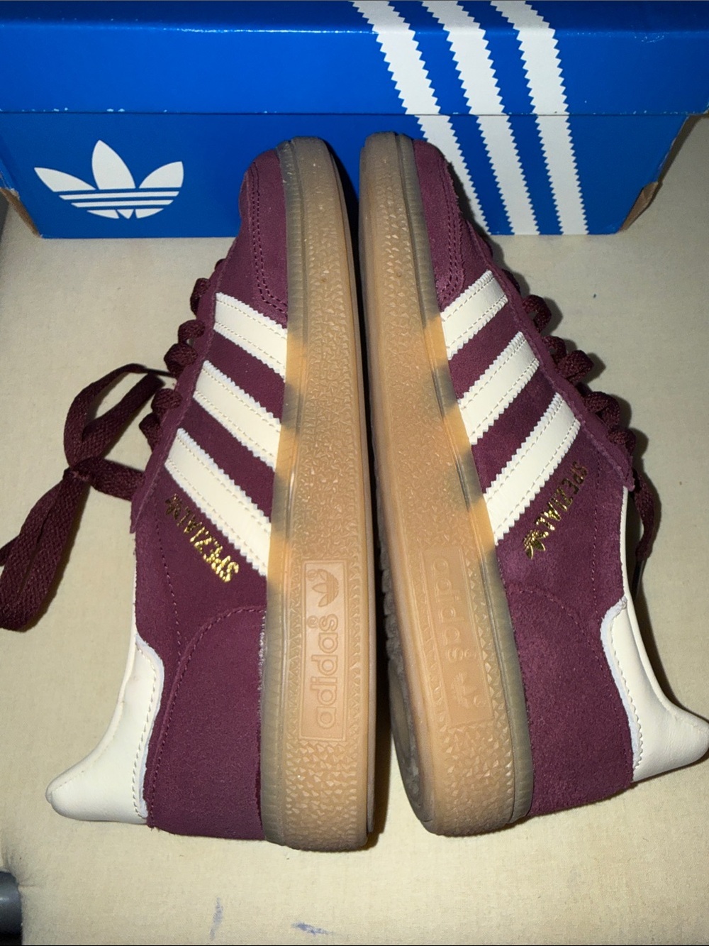 Buegundy adidas Handball Spezial Burgundy Suede Sneakers with White Stripes
